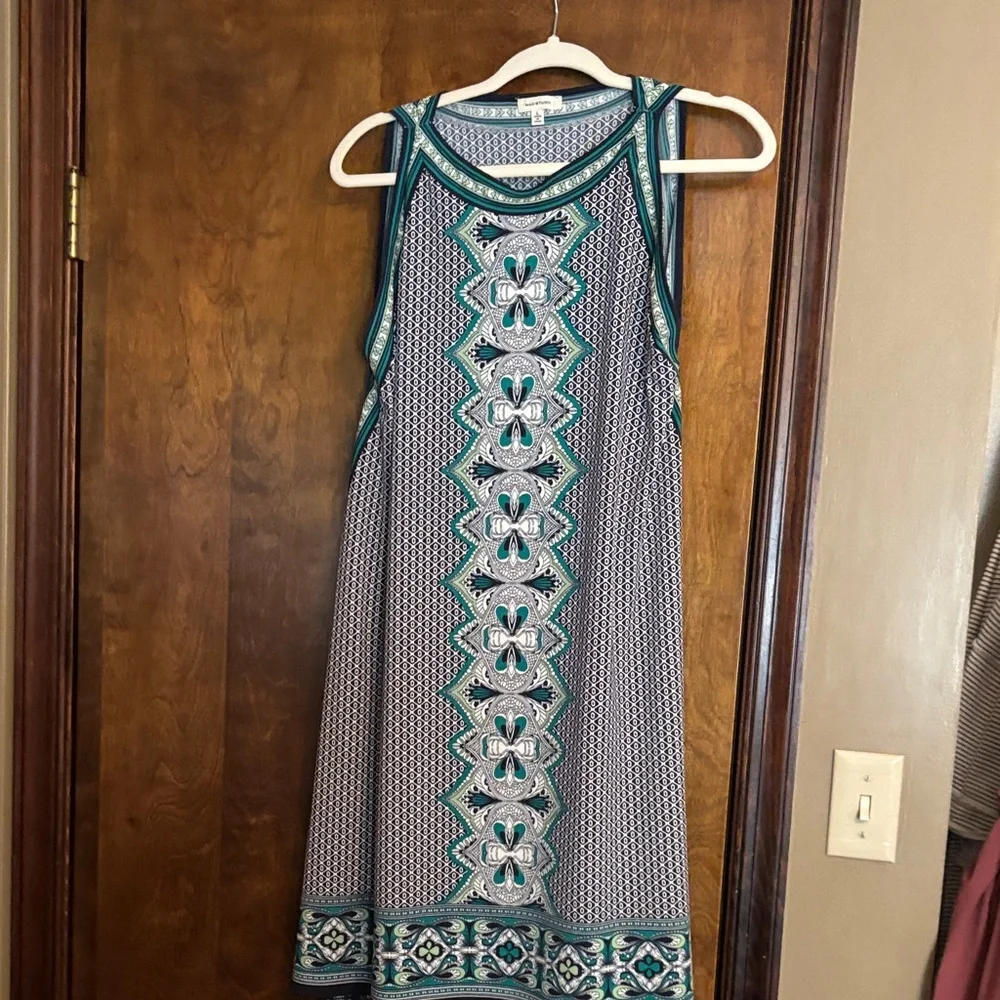 Max Studio Teal & Navy Patterned Midi Shift Dress - Picture 1 of 5